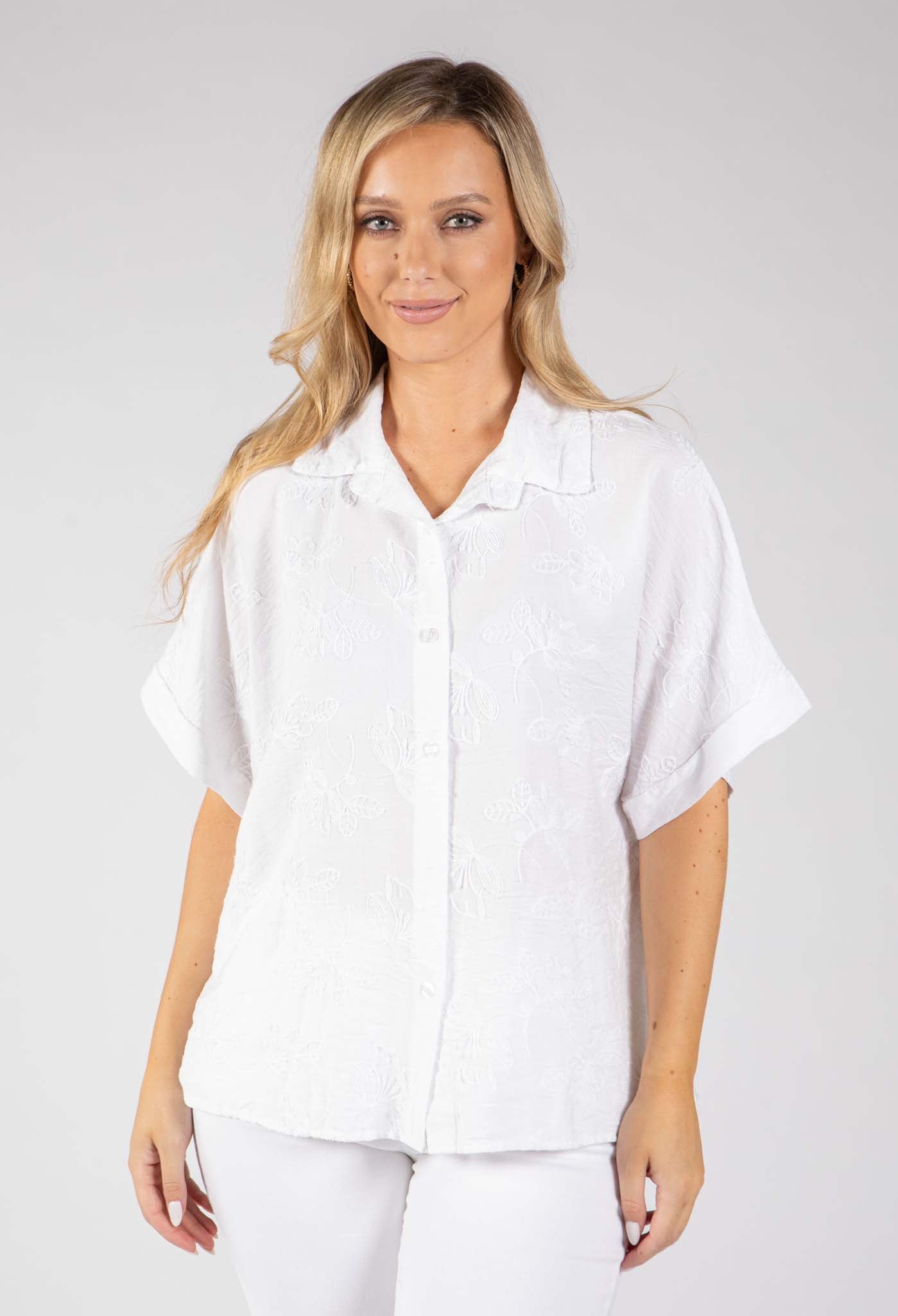 Floral Embroidery Linen Look Shirt
