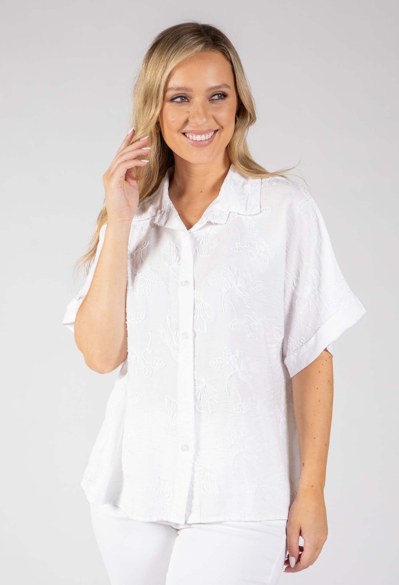 Floral Embroidery Linen Look Shirt