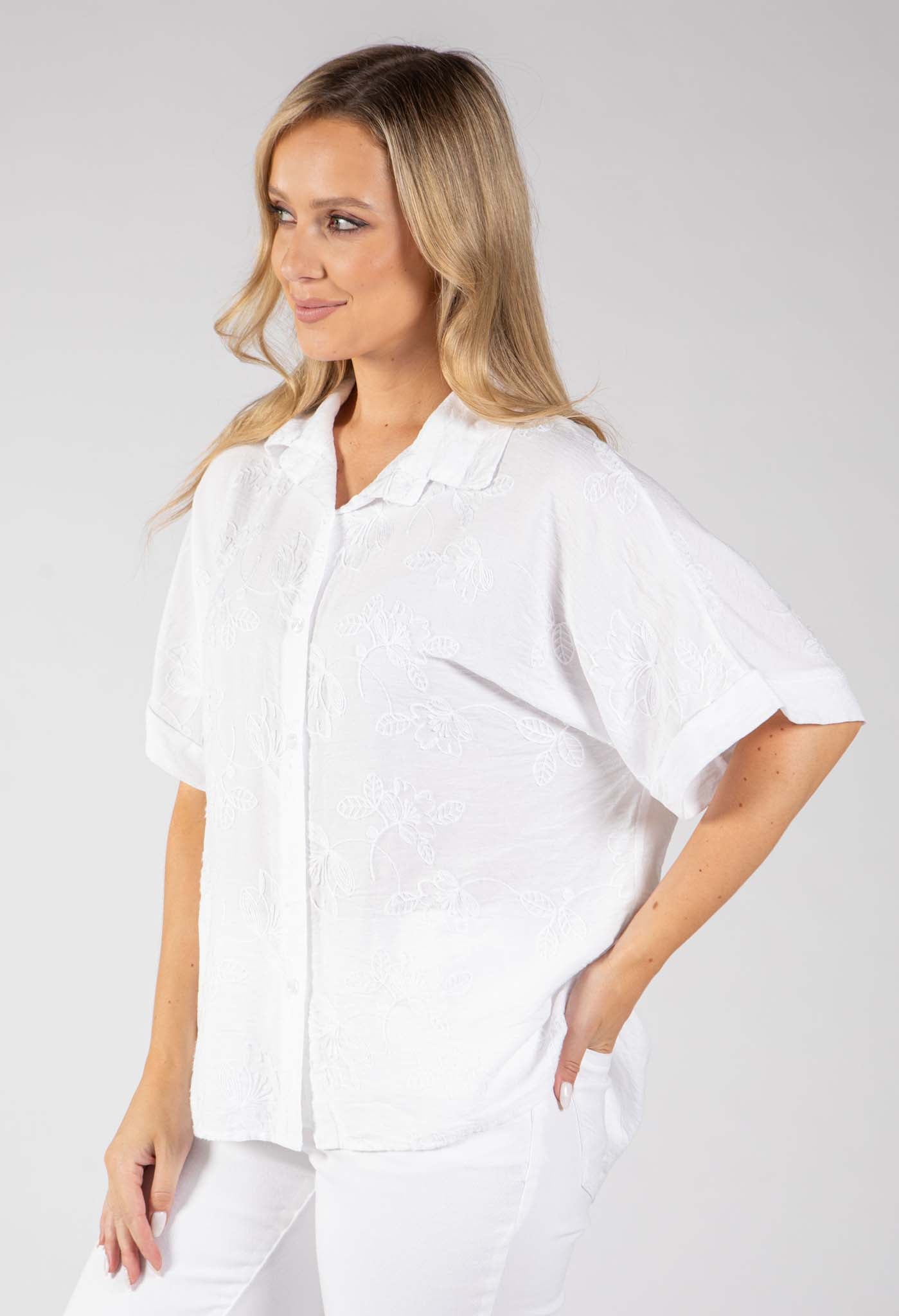 Floral Embroidery Linen Look Shirt