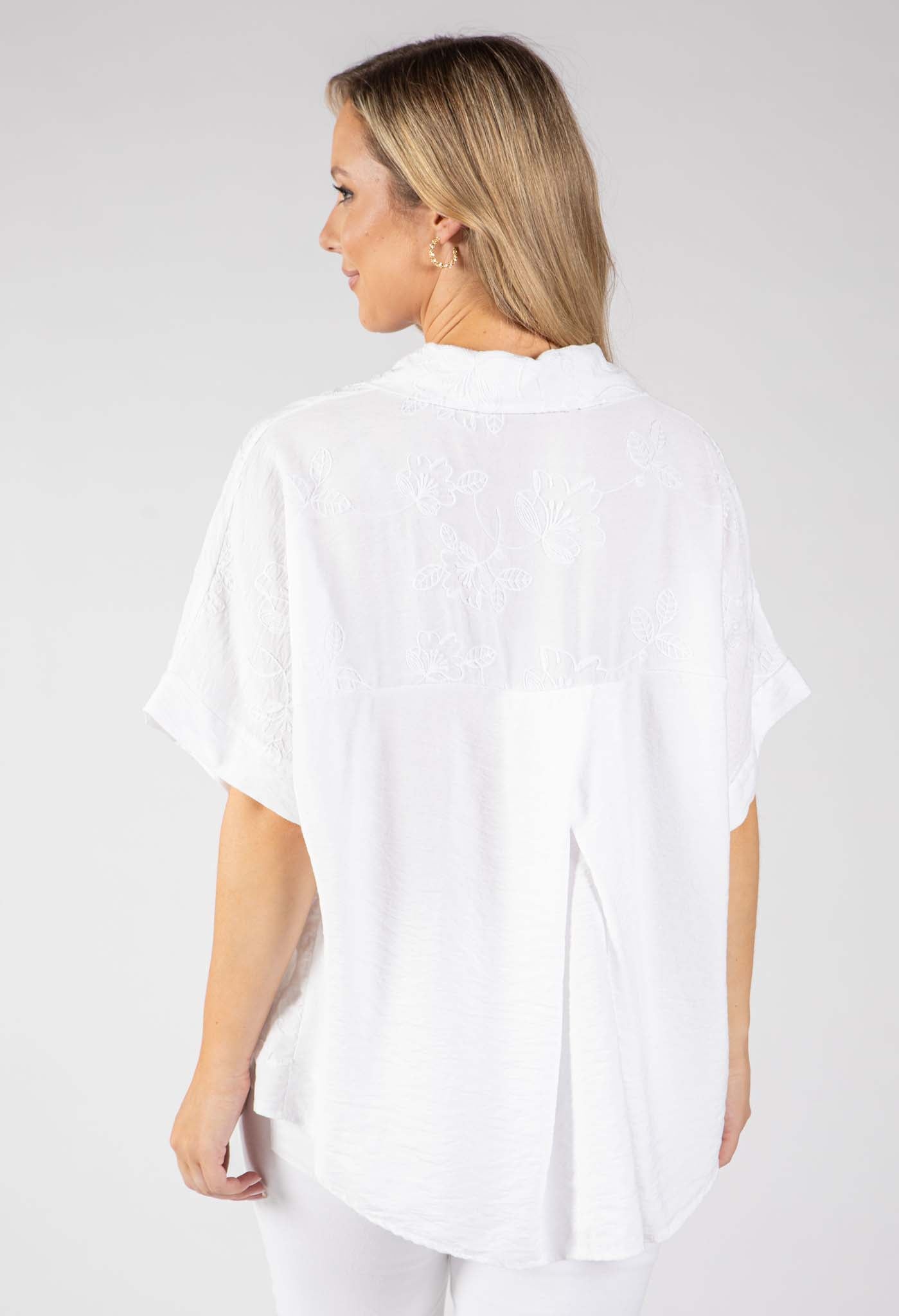 Floral Embroidery Linen Look Shirt