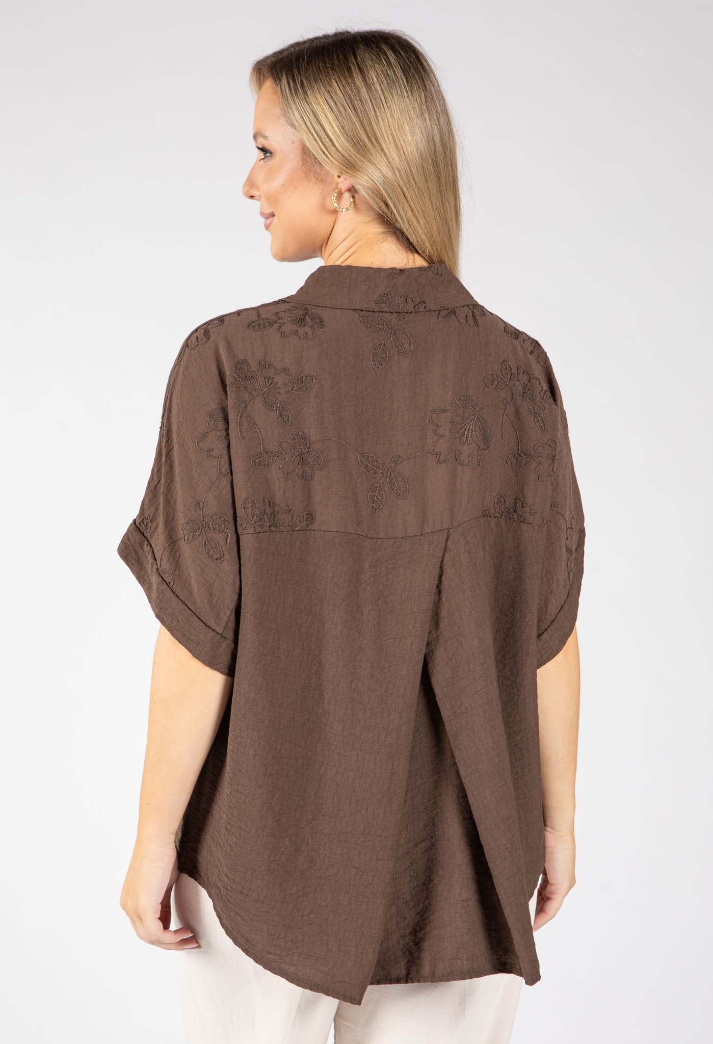 Floral Embroidery Linen Look Shirt