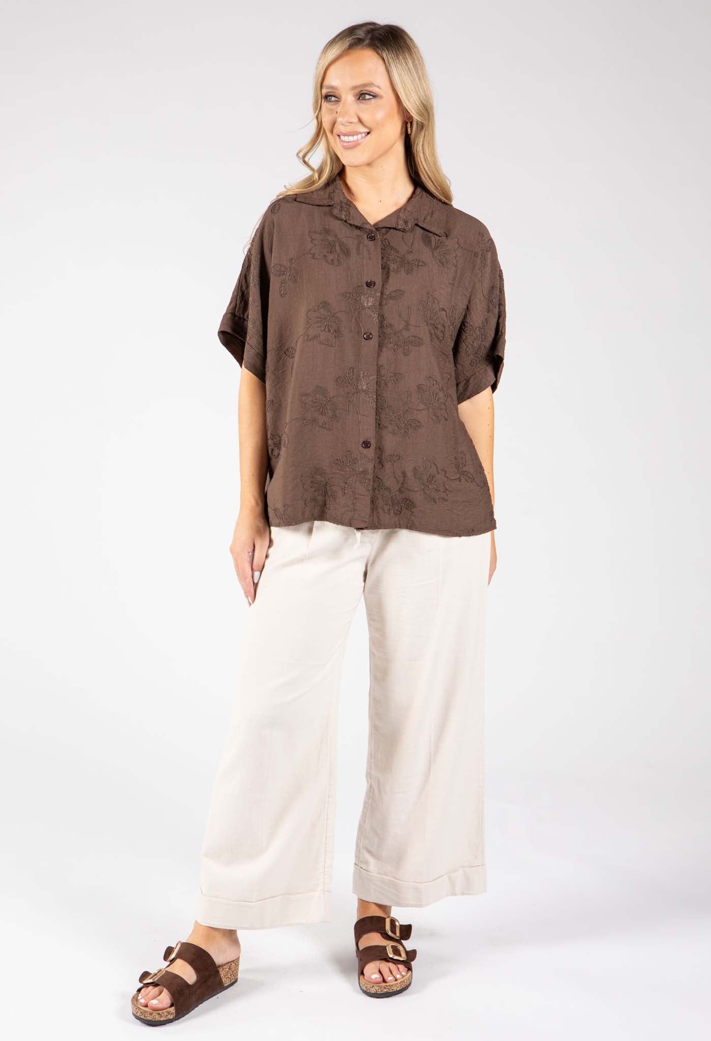 Floral Embroidery Linen Look Shirt