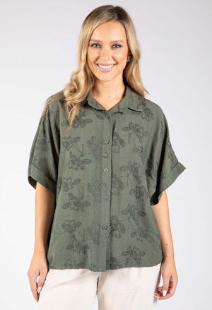 Floral Embroidery Linen Look Shirt