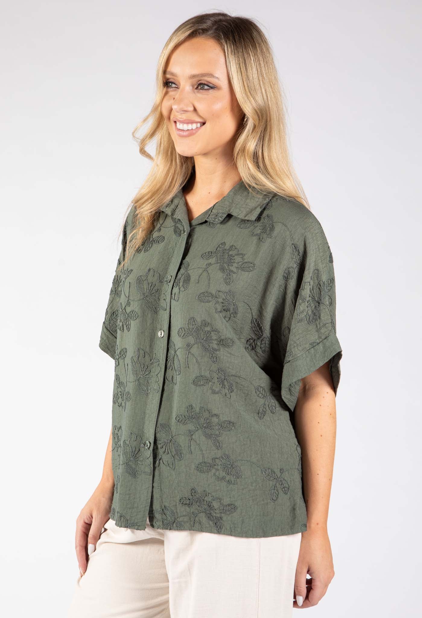 Floral Embroidery Linen Look Shirt
