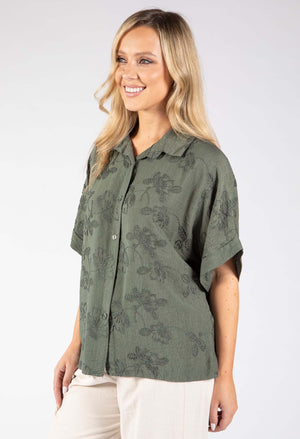 Floral Embroidery Linen Look Shirt