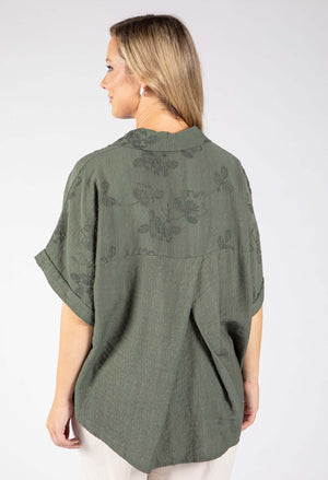 Floral Embroidery Linen Look Shirt