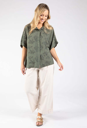 Floral Embroidery Linen Look Shirt