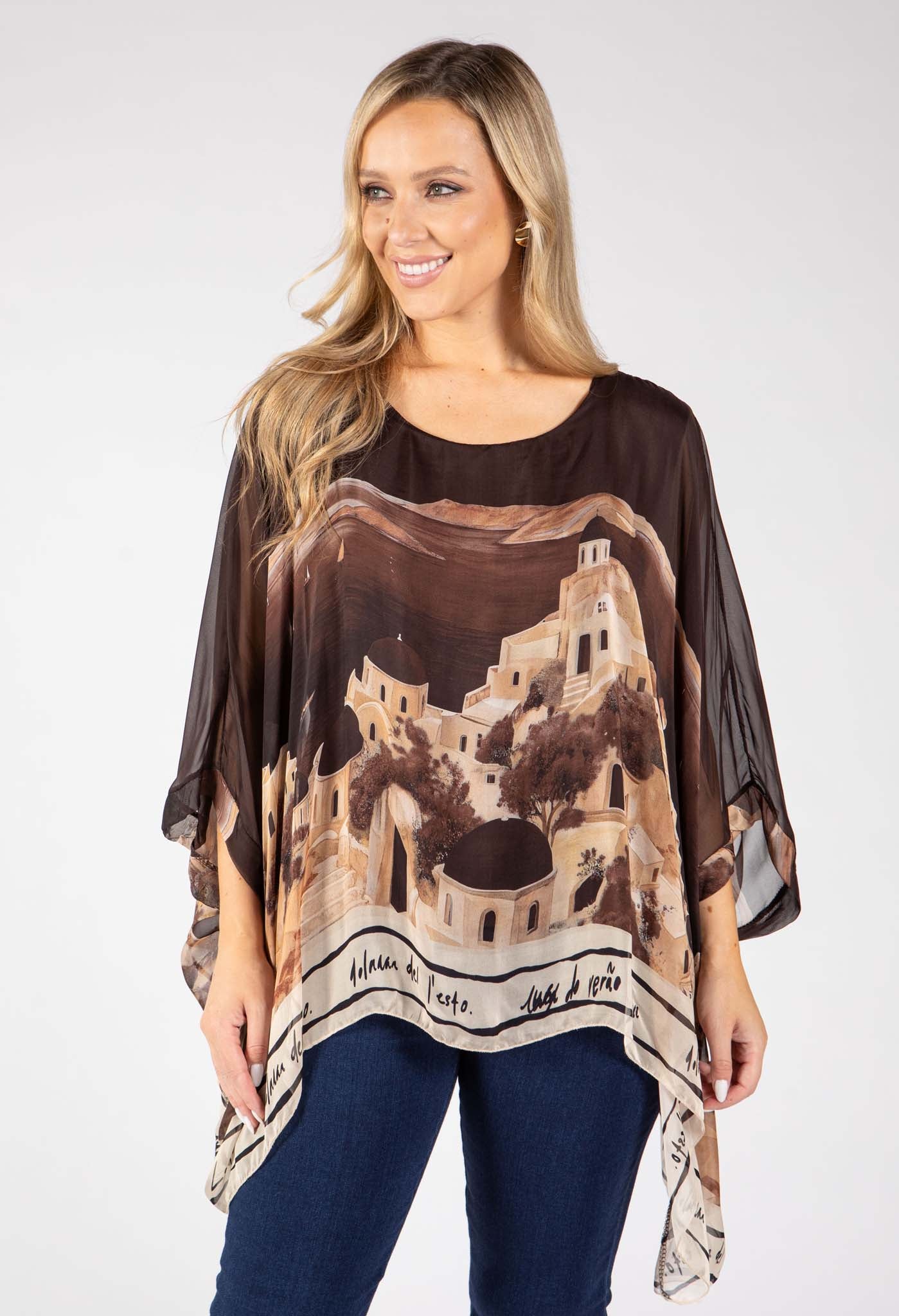 Scenic Print Silk Blouse