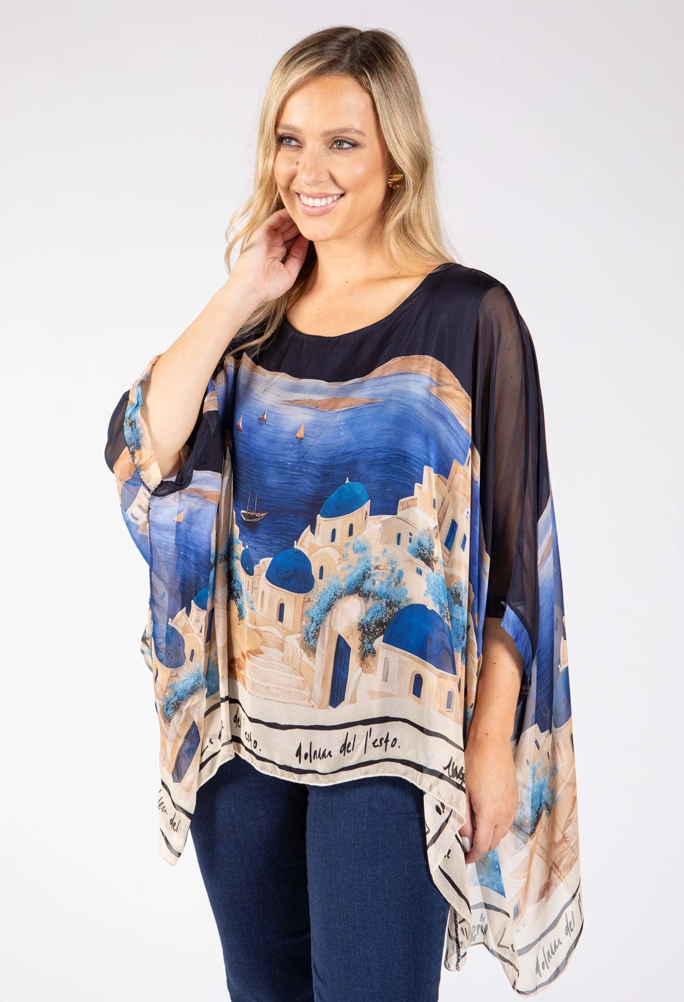 Scenic Print Silk Blouse