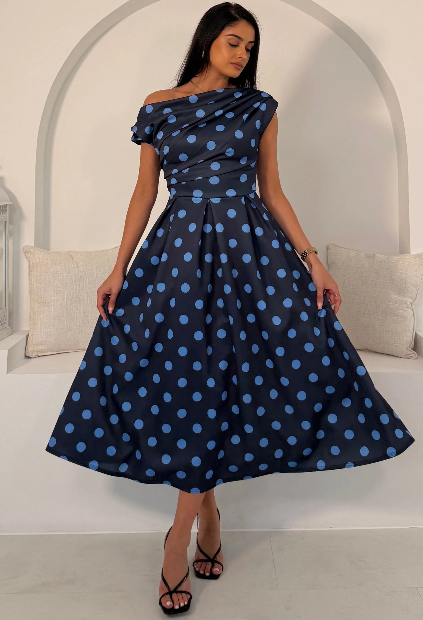 Betty Asymmetric Polka Dot Midi Dress