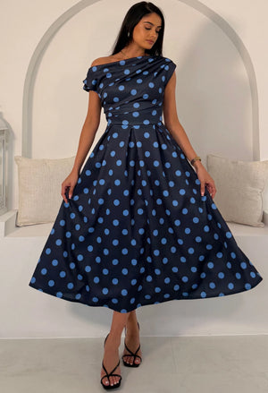 Betty Asymmetric Polka Dot Midi Dress