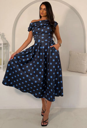 Betty Asymmetric Polka Dot Midi Dress