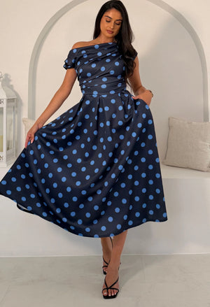 Betty Asymmetric Polka Dot Midi Dress