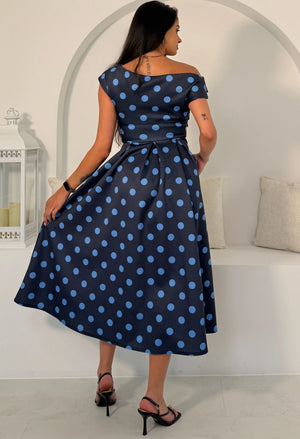 Betty Asymmetric Polka Dot Midi Dress