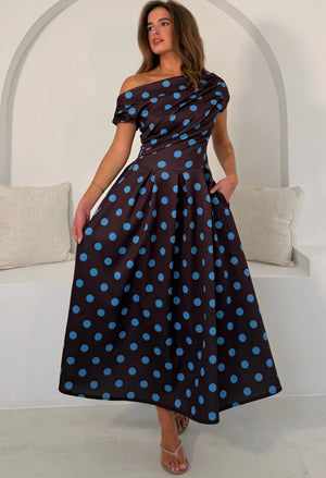 Betty Asymmetric Polka Dot Midi Dress