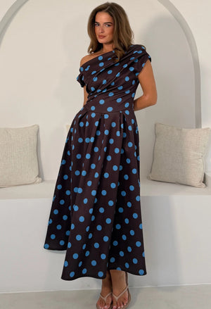 Betty Asymmetric Polka Dot Midi Dress