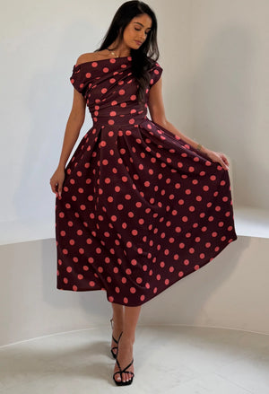 Betty Asymmetric Polka Dot Midi Dress