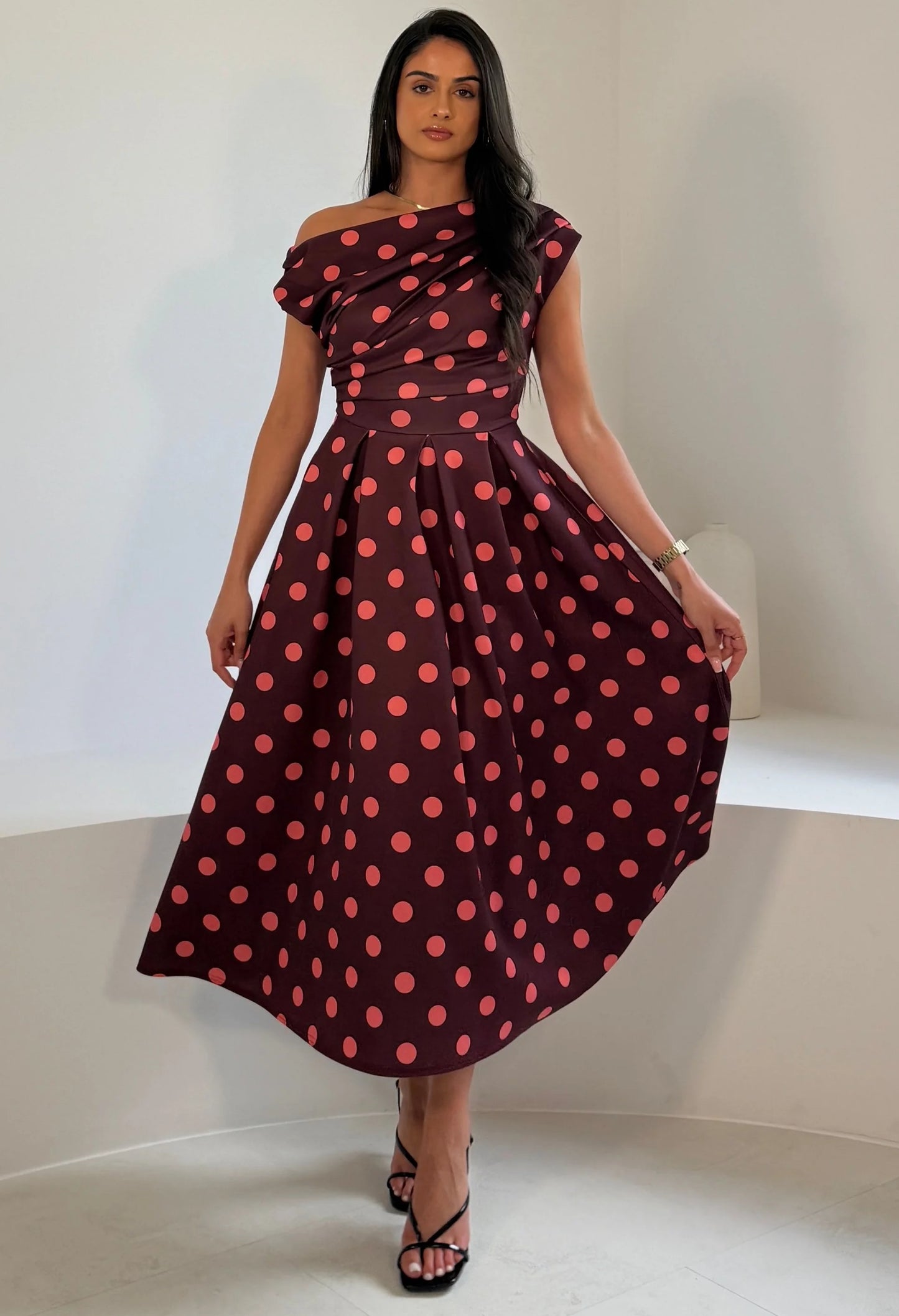 Betty Asymmetric Polka Dot Midi Dress