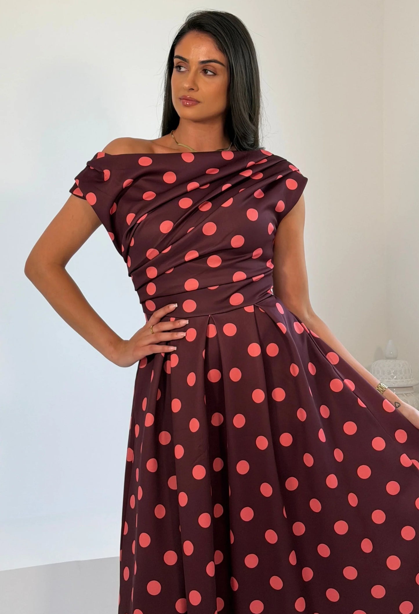 Betty Asymmetric Polka Dot Midi Dress