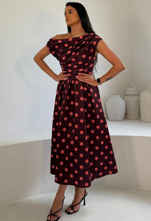 Betty Asymmetric Polka Dot Midi Dress