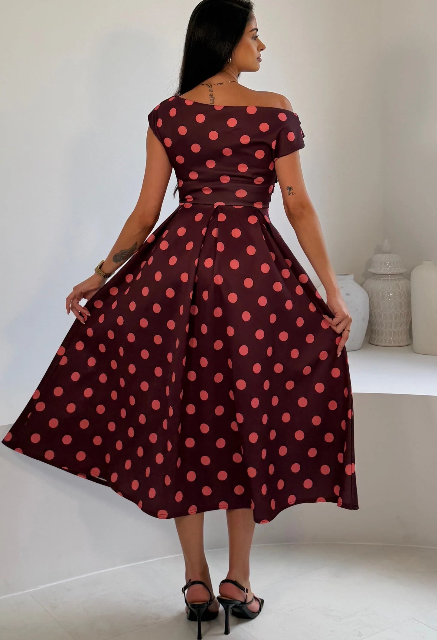 Betty Asymmetric Polka Dot Midi Dress