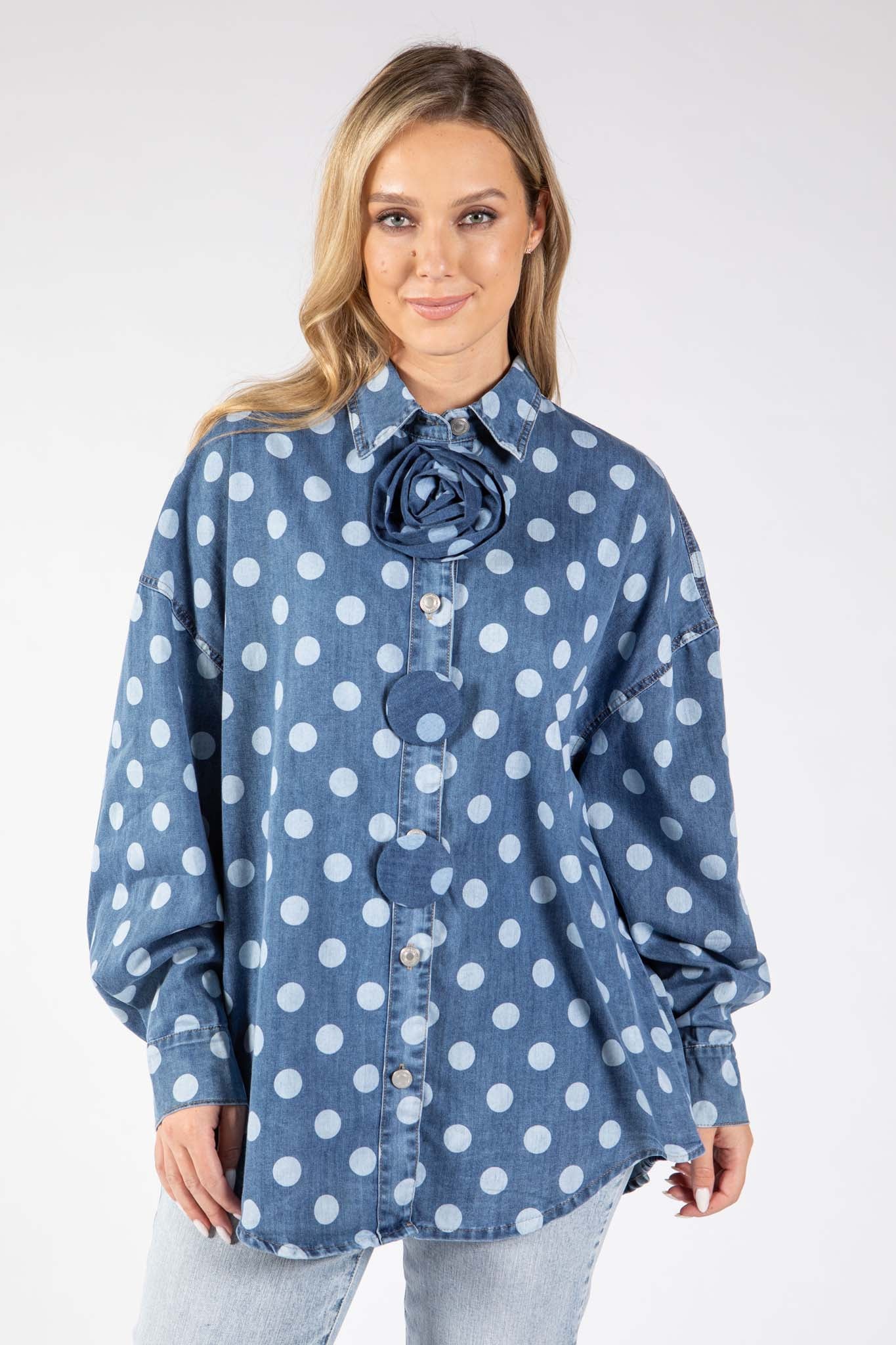 Polka Dot Denim Blouse