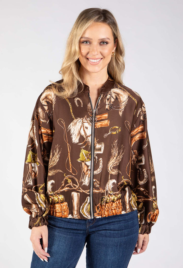 Horse Print Satin Bomber Jacket