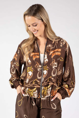Horse Print Satin Bomber Jacket