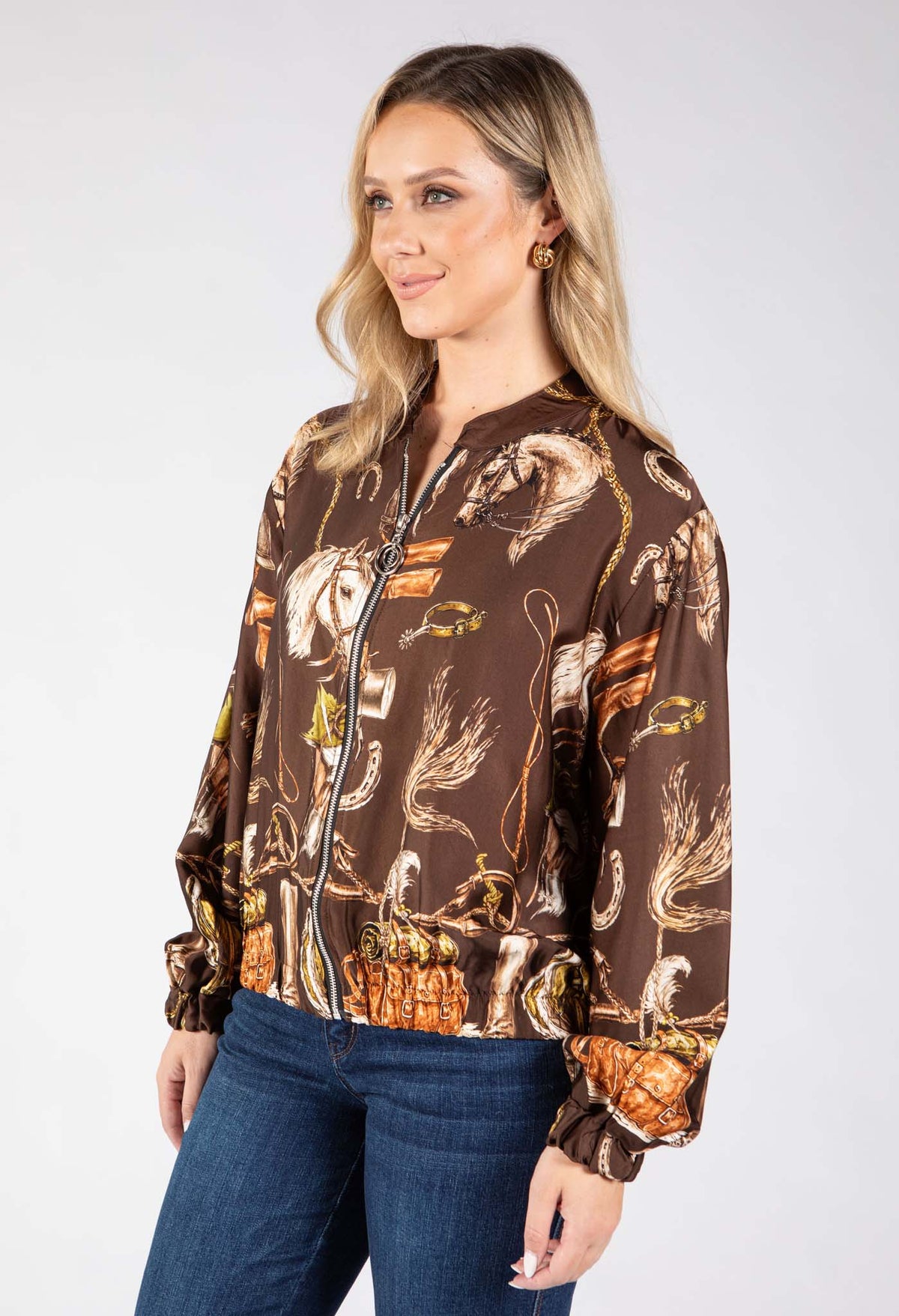 Horse Print Satin Bomber Jacket