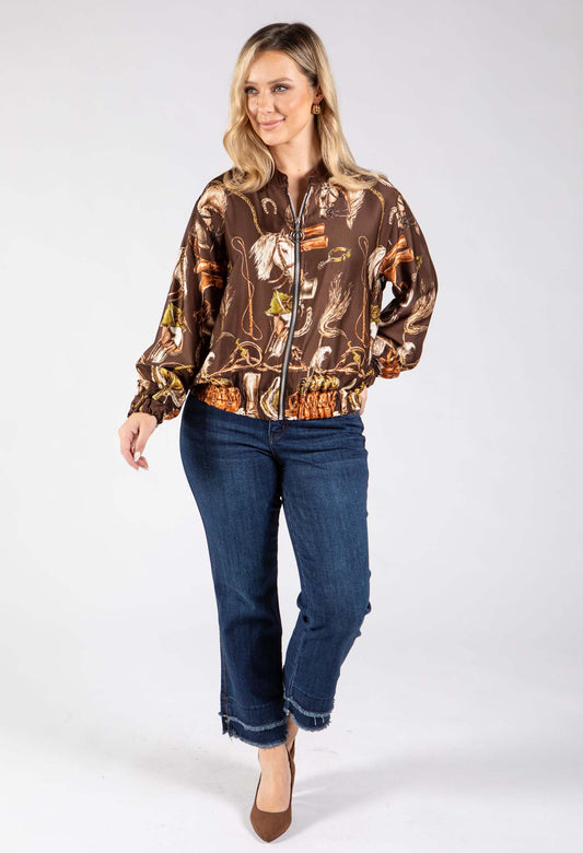Horse Print Satin Bomber Jacket