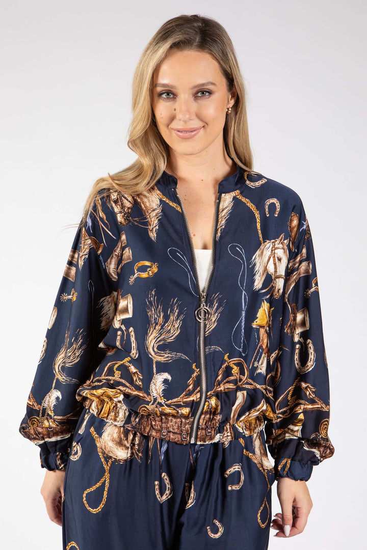 Horse Print Satin Bomber Jacket
