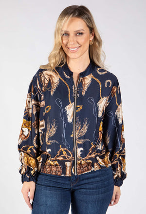 Horse Print Satin Bomber Jacket
