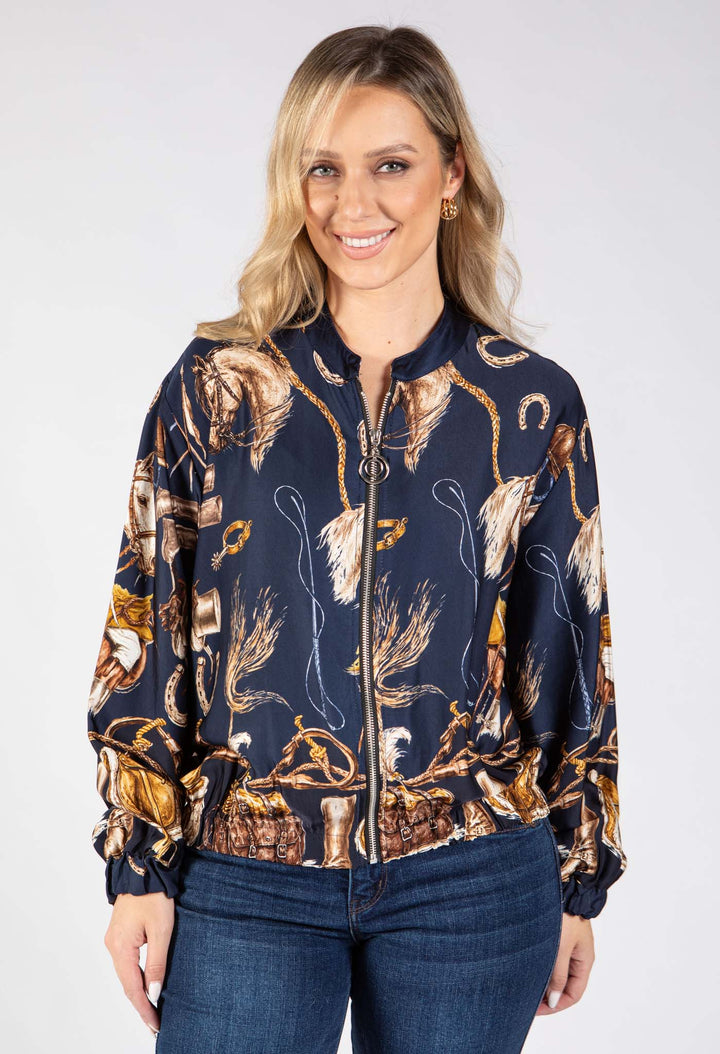 Horse Print Satin Bomber Jacket