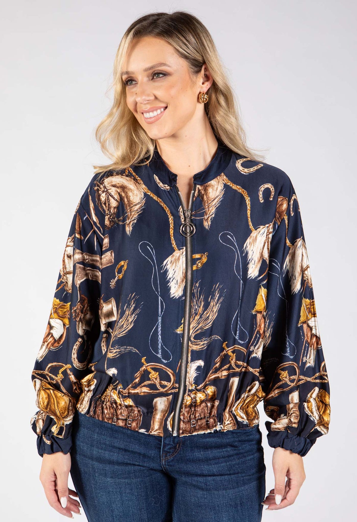 Horse Print Satin Bomber Jacket