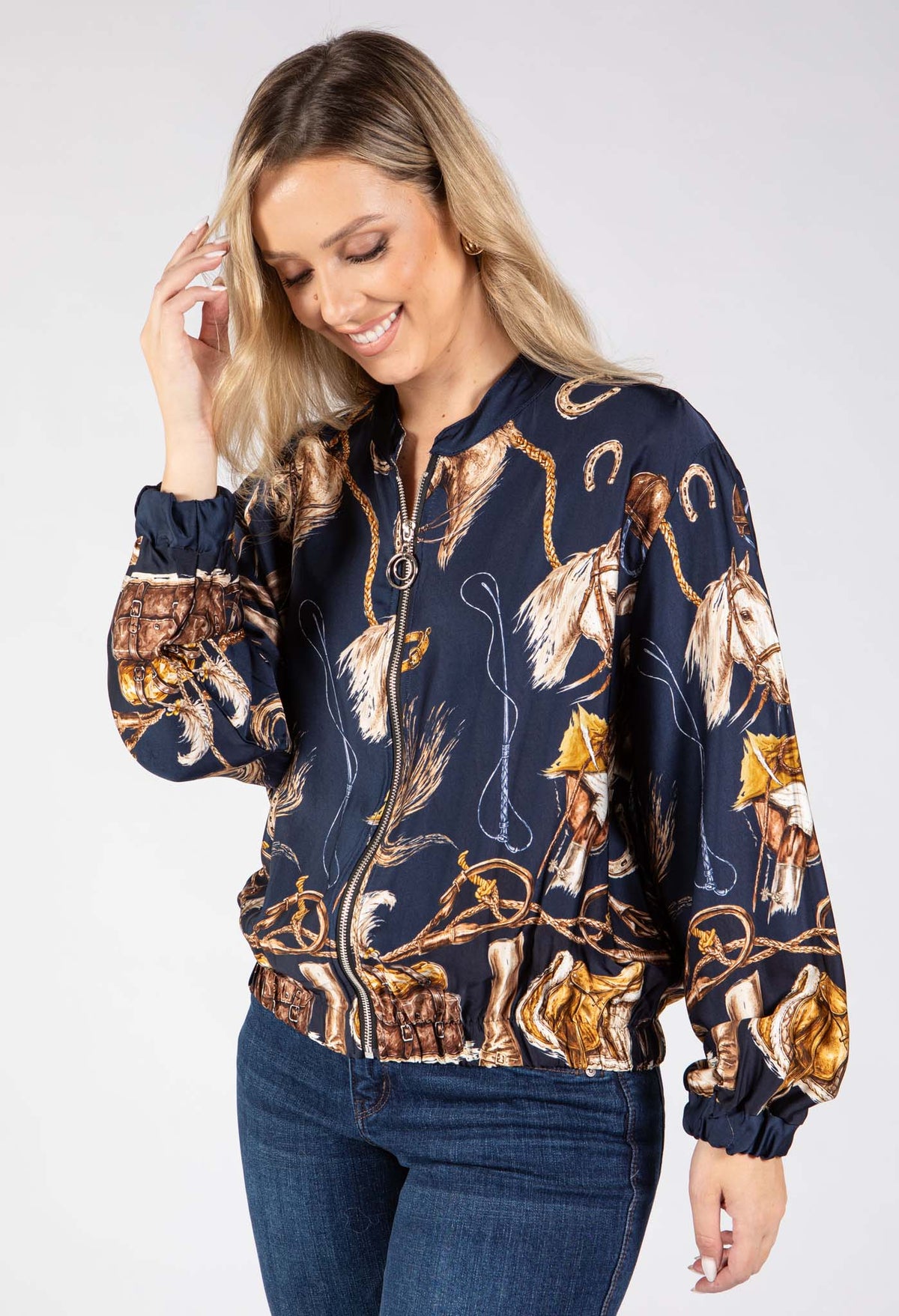 Horse Print Satin Bomber Jacket