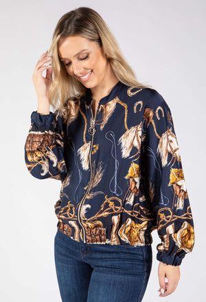 Horse Print Satin Bomber Jacket