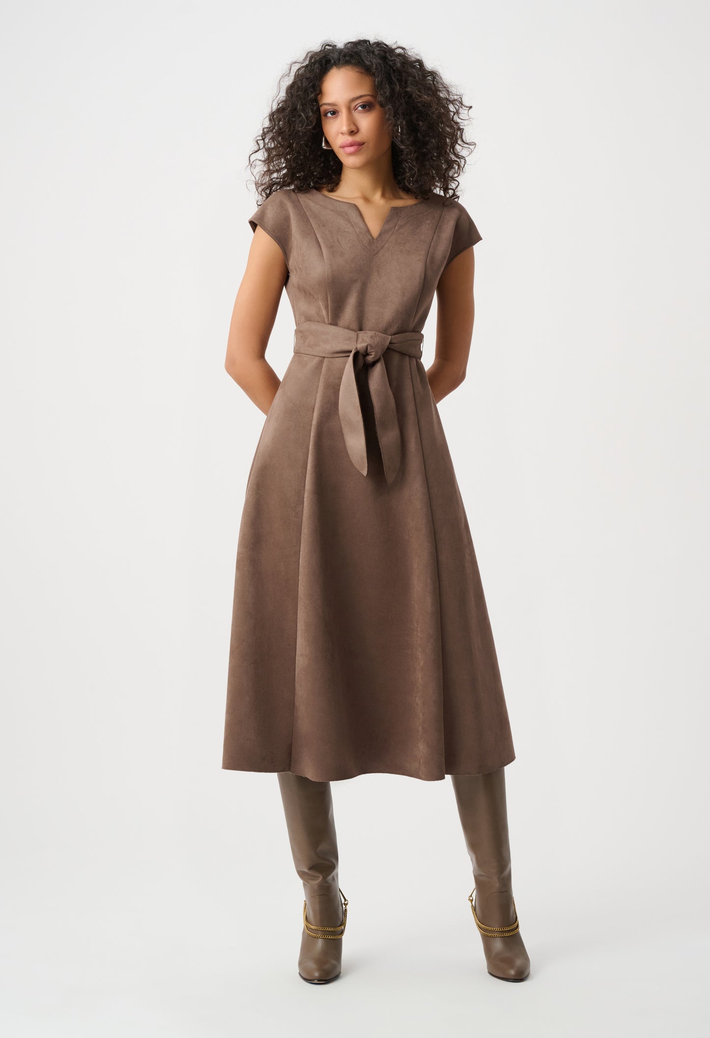 V-Neck Belted Midi Dress
