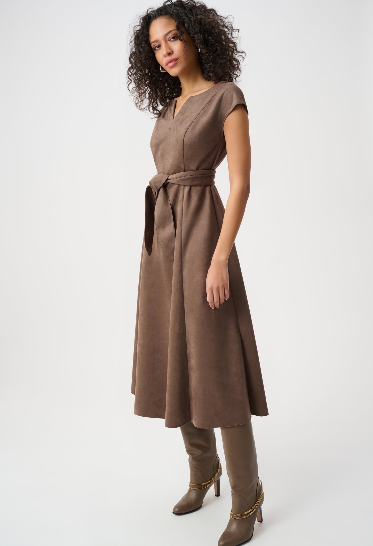 V-Neck Belted Midi Dress