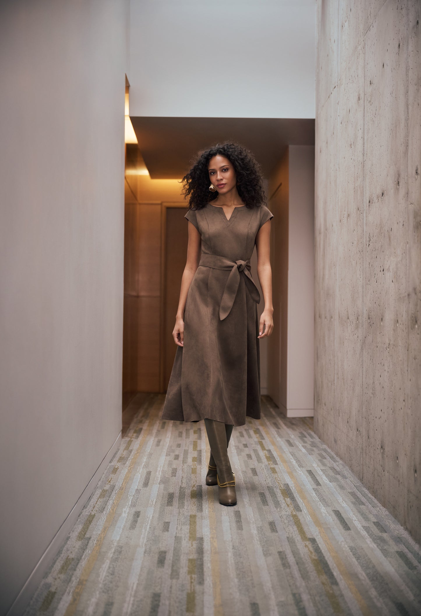 V-Neck Belted Midi Dress