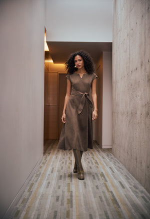 V-Neck Belted Midi Dress