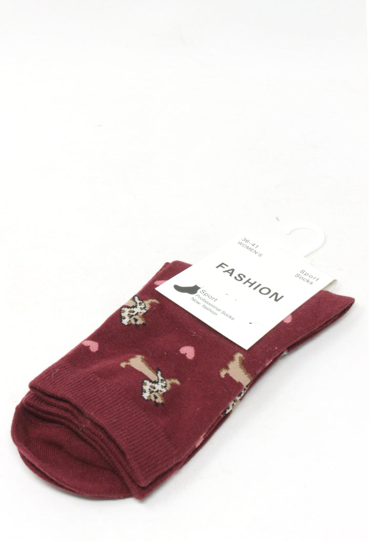 A pair of dark burgundy ankle socks with a pattern of small dachshunds, hearts, and leopard prints, shown with a white paper hanger tag on a white background.