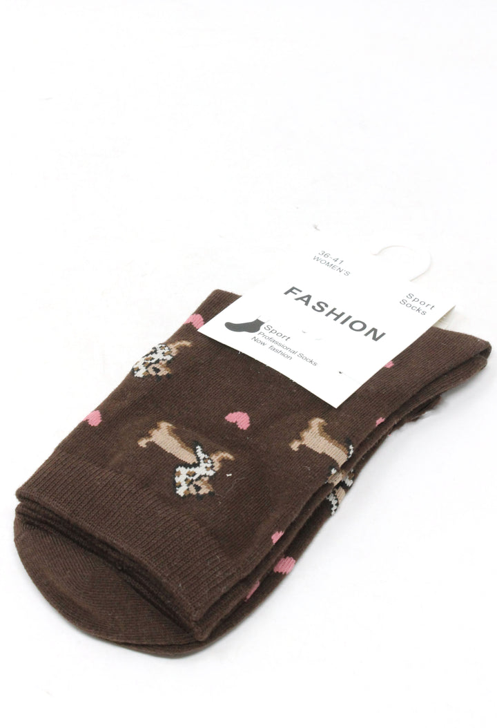 A pair of dark brown ankle socks with a pattern of small dogs, hearts, and leopard print motifs, attached to a white paper tag that reads 'FASHION'.
