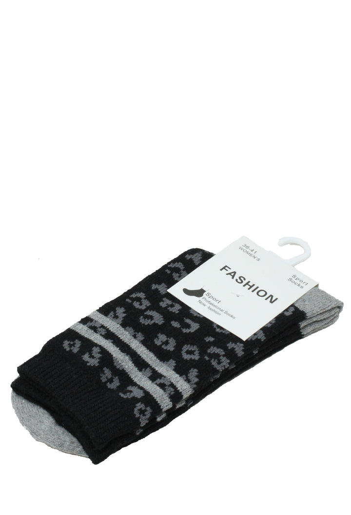A pair of black and gray patterned fashion socks with a white paper tag, displayed on a white background.