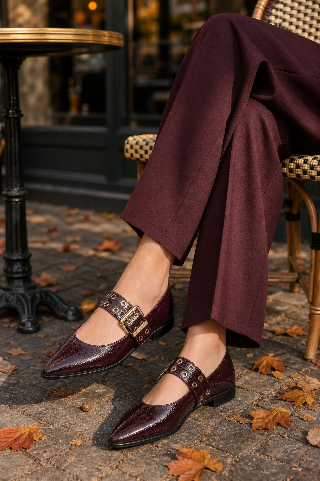 A person seated on a chair outdoors wearing burgundy pointed-toe Mary Jane flats with decorative buckle straps, paired with matching burgundy trousers. Fallen leaves and a stone-paved ground are visible in the background.