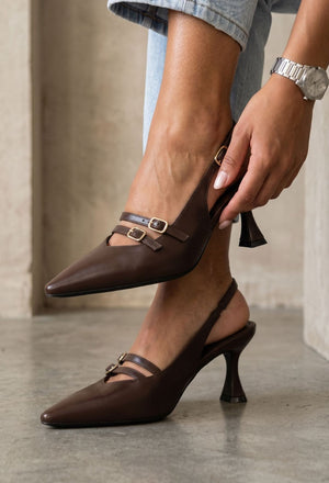 double strap detail sling back heel with slim heel