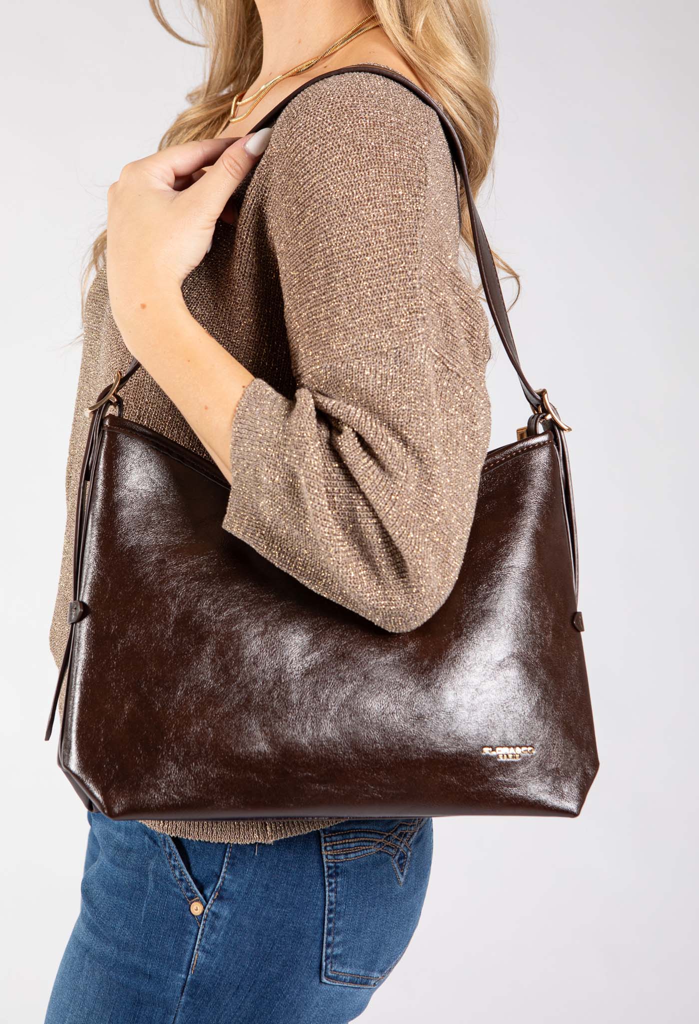 Faux Leather Shoulder Bag with Buckle