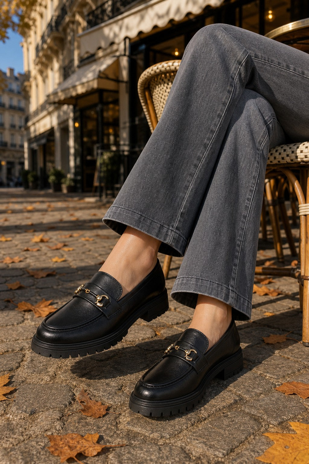 A person seated outdoors on a woven chair wearing black leather loafers with gold-tone horsebit detailing and gray wide-leg jeans, with a blurred street cafe background and fallen leaves on the cobblestone ground.
