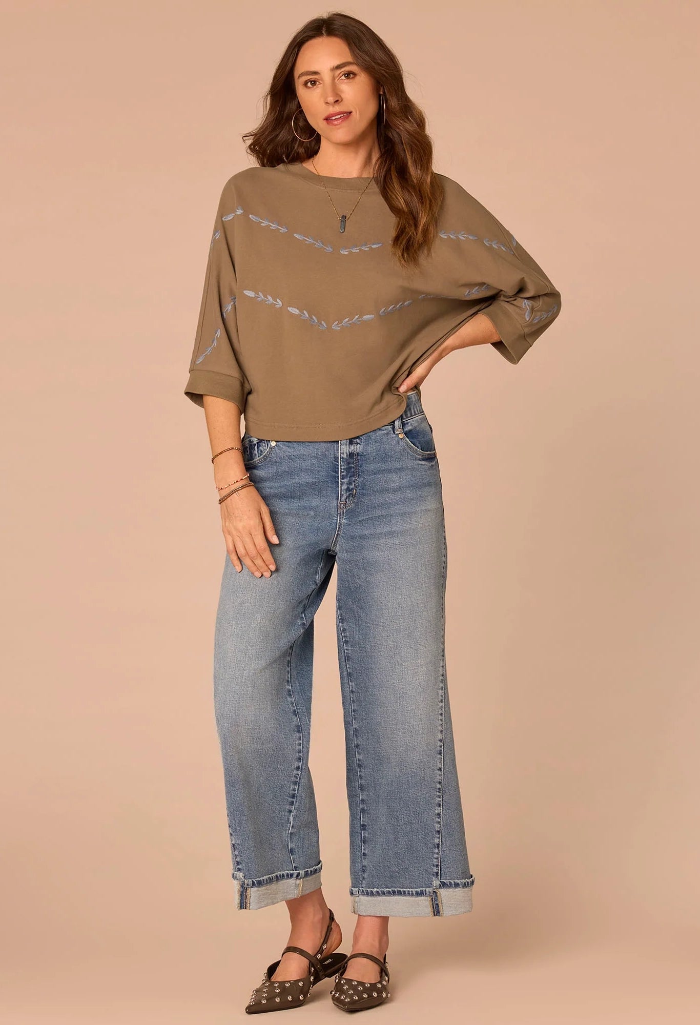 Dolman Sleeve Embroidered Knit Top