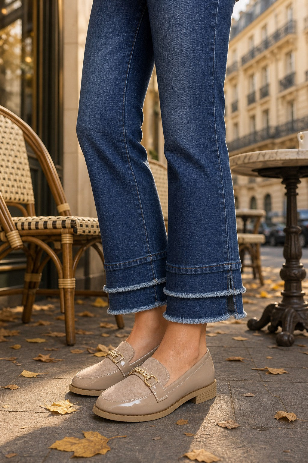 A person wearing blue jeans with rolled cuffs and beige patent leather loafers with gold buckle details, standing on a city street with cafe chairs and tables visible in the background.
