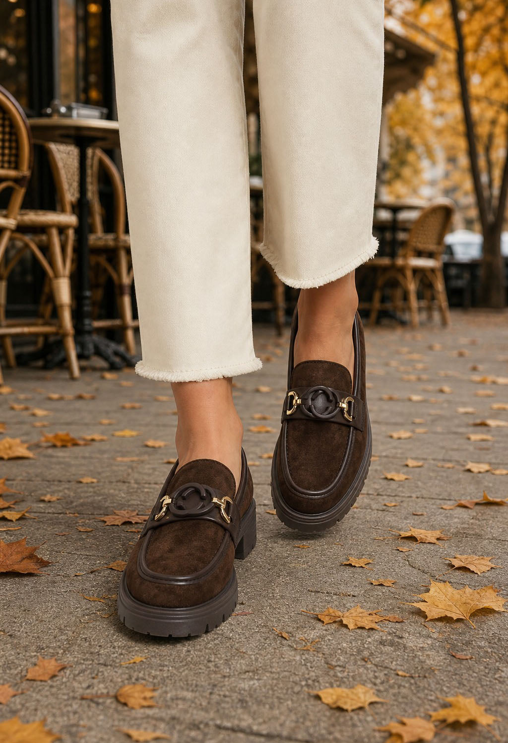 A person wearing brown suede loafers with gold-tone hardware and cream cropped pants, standing on a paved outdoor walkway scattered with autumn leaves.